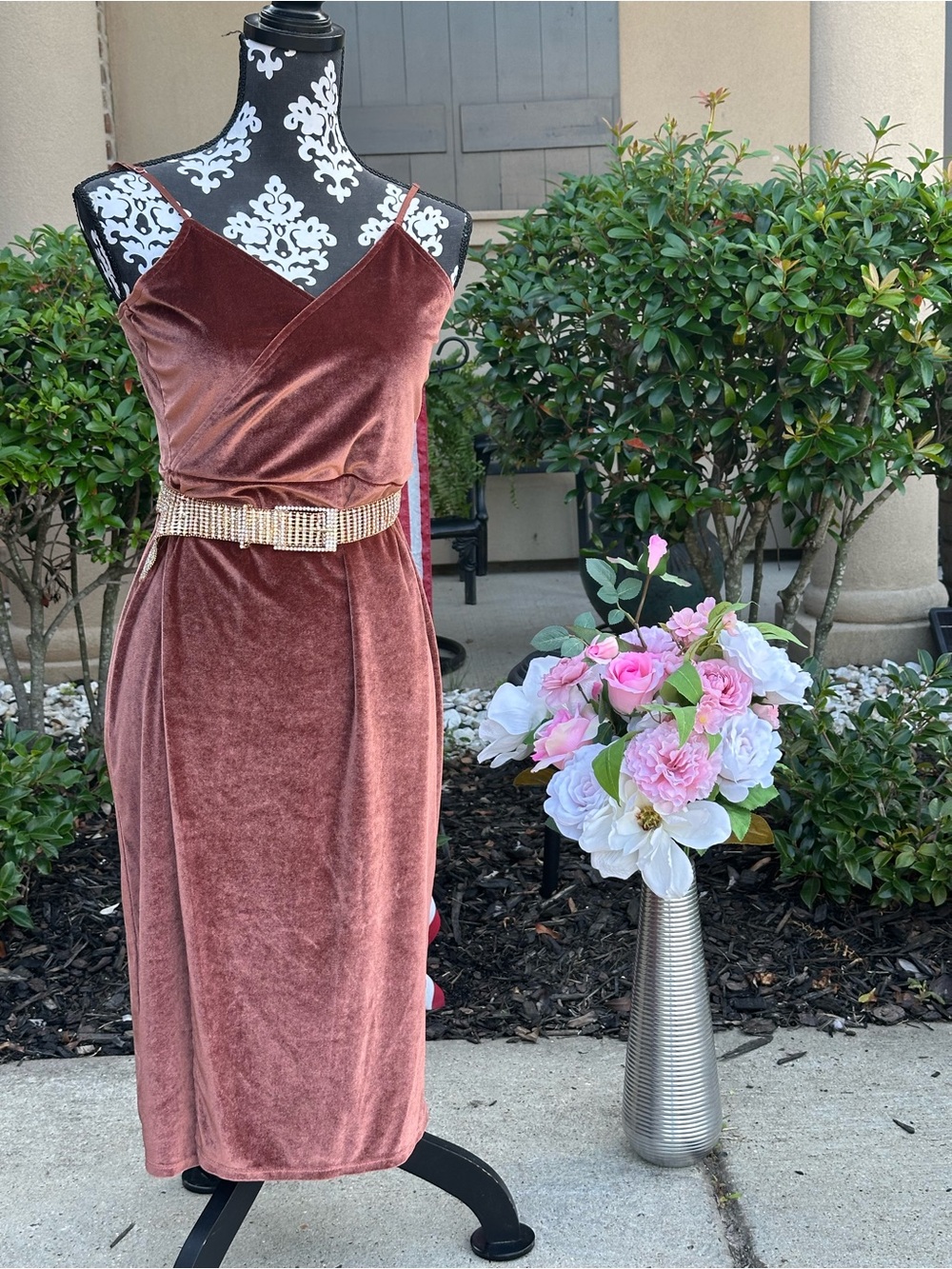 Lulus Velvet Midi Slip Dress in Dusty Rose with Rhinestone Belt